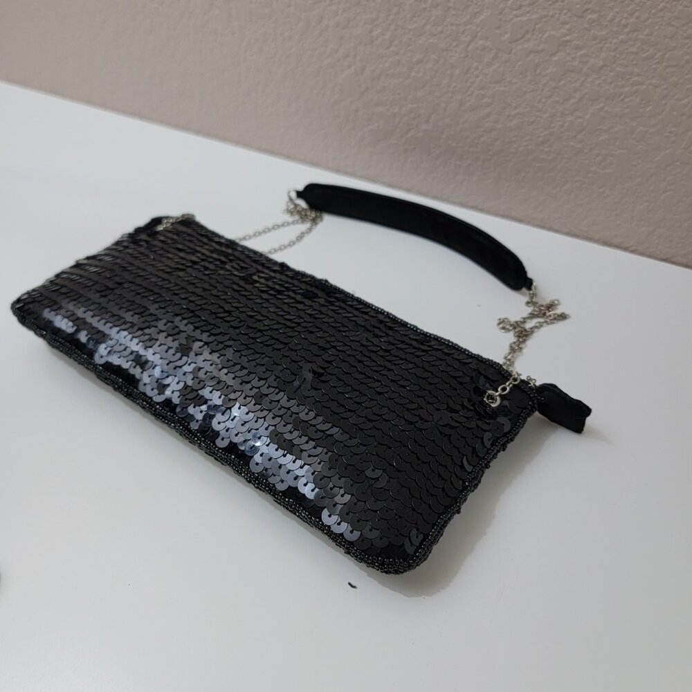 New York & Company Black Sequin Clutch Bag with Chain Strap